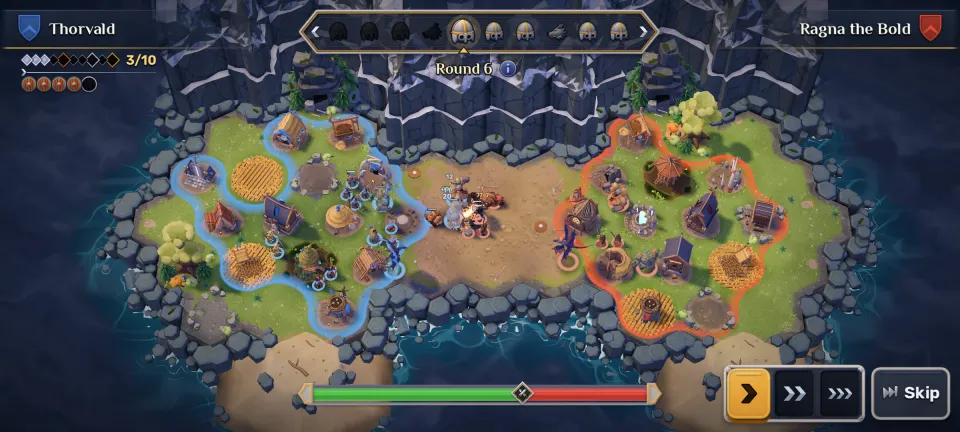 Two island villages facing each other, blue on the left and red on the right, their armies clashing in the middle