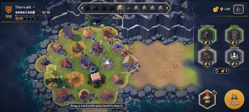 A Viking village of farms, halls and towers on a hex island, with four building cards to buy beside it