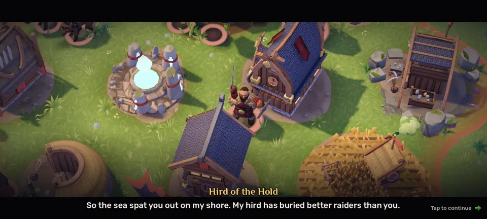 A jarl's warrior among the buildings of his camp, saying: So the sea spat you out on my shore. My hird has buried better raiders than you.